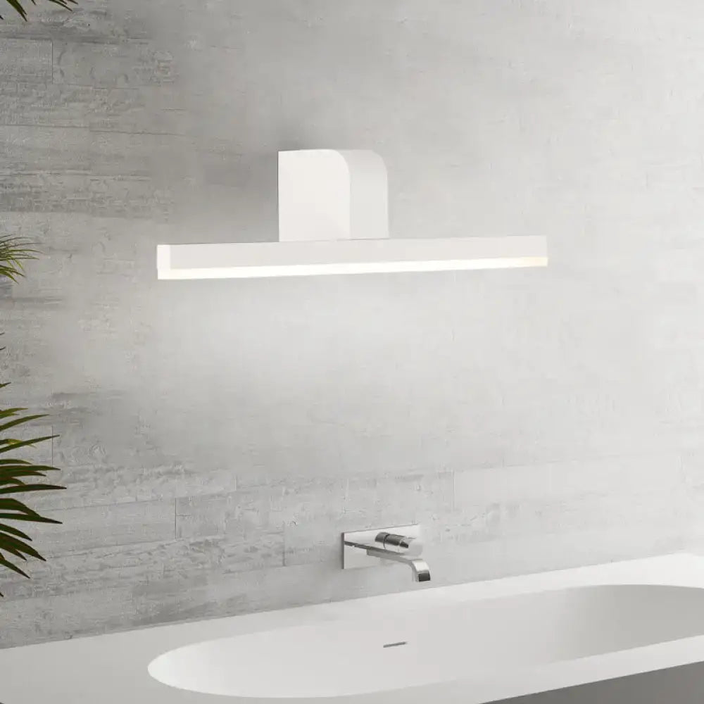 Modern white led wall sconce with sleek minimalist design featuring warm color temperature and suitable maximum bulb wattage for vanity light use