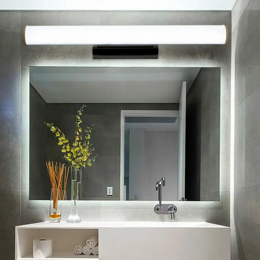 Modern black and white led vanity mirror with sleek frameless design and white led vanity mirror light above