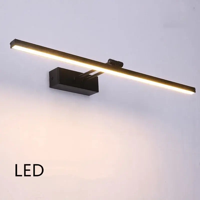Modern black led vanity mirror light with sleek rectangular design and warm white illumination for bathroom sconce