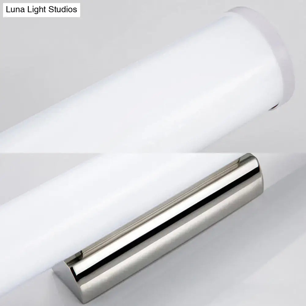Modern white frosted glass led vanity mirror light with sleek brushed nickel base for bathroom wall sconce use