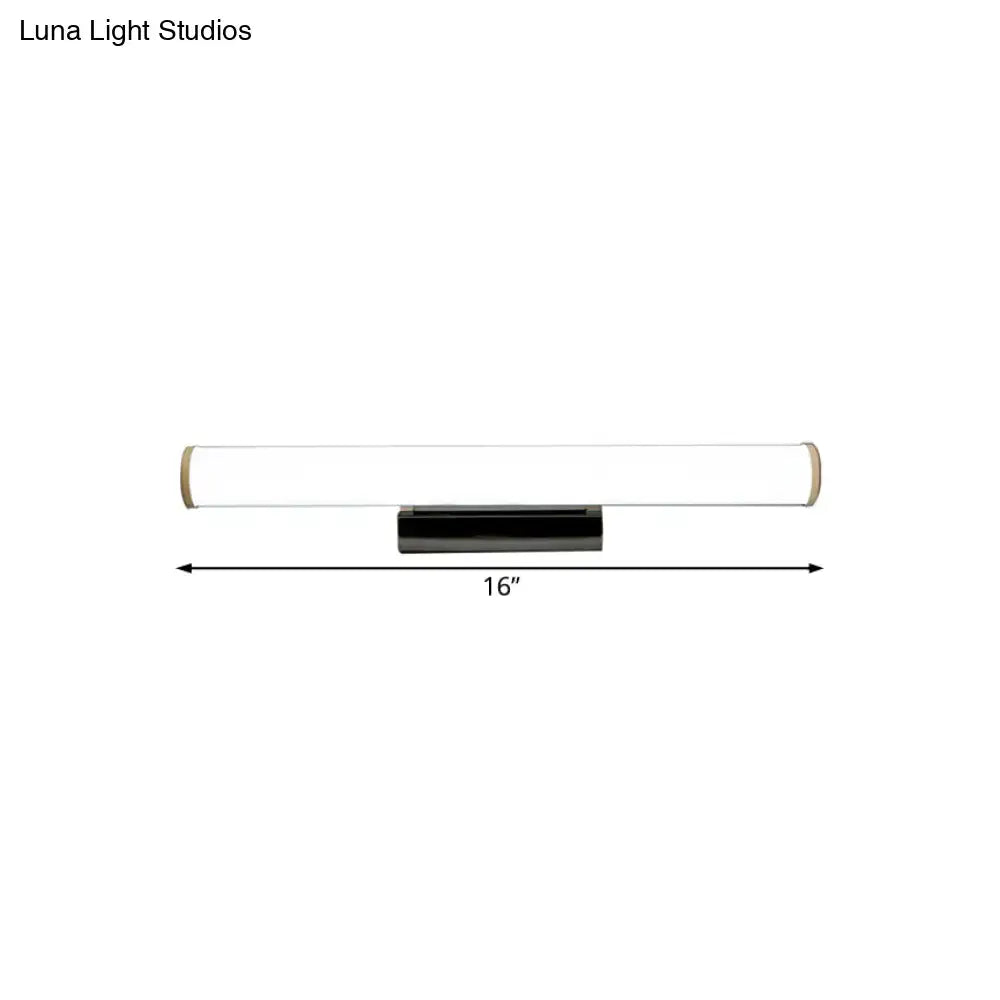 A sleek 16-inch black and white modern led vanity mirror light with minimalist design for bathroom use
