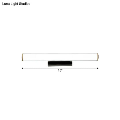 A sleek 16-inch black and white modern led vanity mirror light with minimalist design for bathroom use