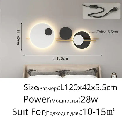 Modern black and white led wall lamps with three circular illuminated panels connected by gold-toned bars for bedroom lighting
