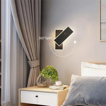 Black rectangular led wall lamp with sleek modern design and 360-degree rotation for bedroom use