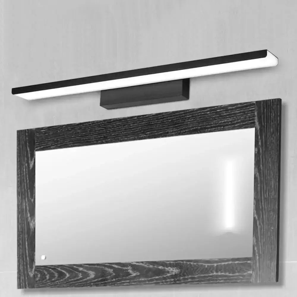 Modern black led wall light fixture with sleek rectangular design mounted above dark wood mirror 110v-120v bathroom use