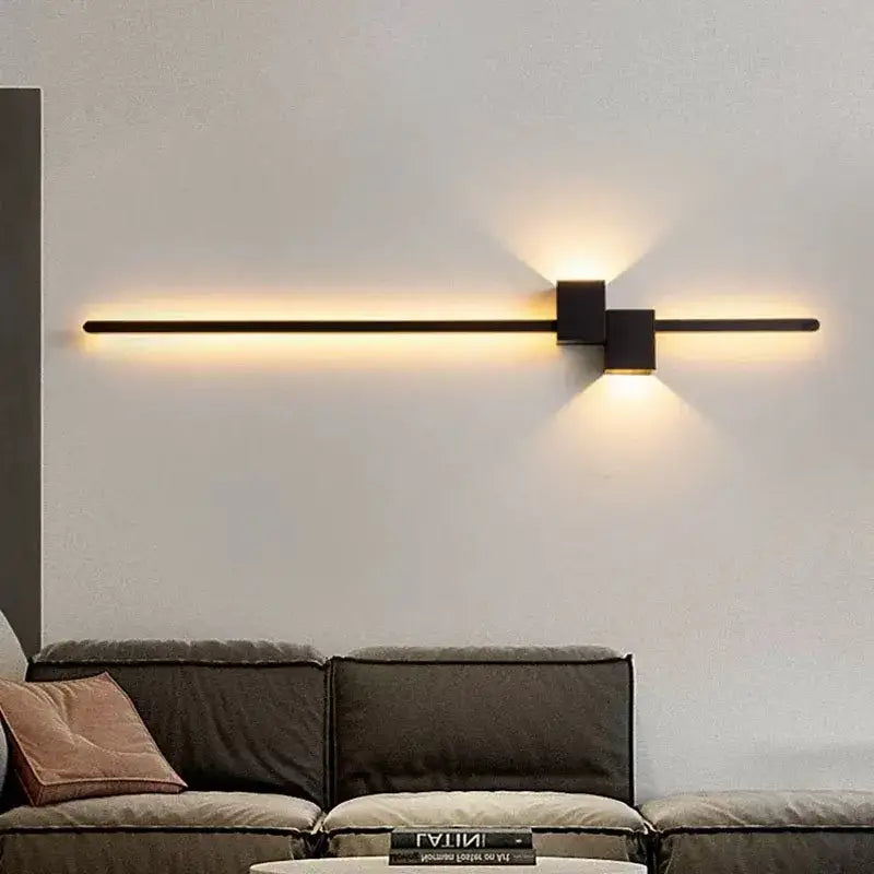 Modern black minimalist led wall lights featuring a sleek horizontal bar with two square warm light fixtures