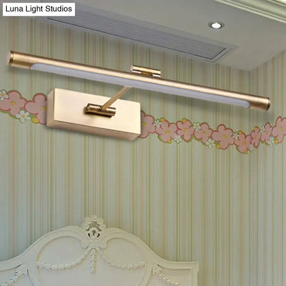 Modern gold-finished wall sconce with frosted glass diffuser and sleek design in an 18 inch fixture for bathroom use