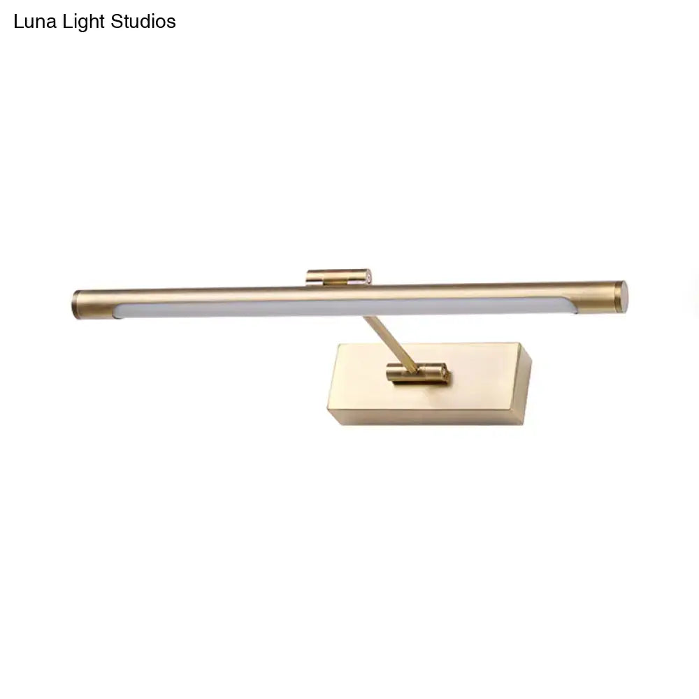 Gold-finished wall sconce with sleek rectangular design and brushed metal finish in an 18 inch fixture for bathroom use