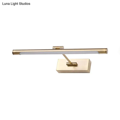 Gold-finished wall sconce with sleek rectangular design and brushed metal finish in an 18 inch fixture for bathroom use
