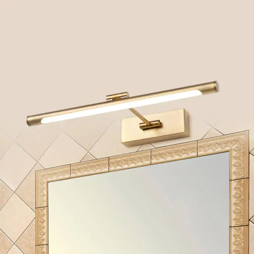Gold-finished rectangular led wall sconce 18 inch fixture with sleek modern design mounted above bathroom mirror