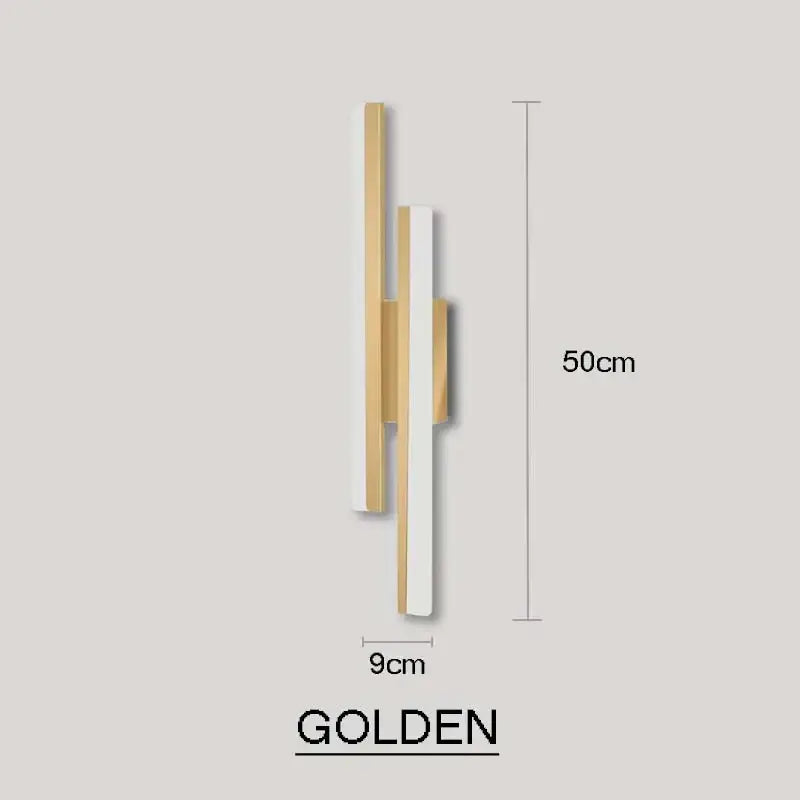 Modern black and white led wall sconce lamp with gold and white vertical bars mounted on a sleek golden base