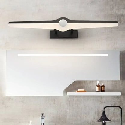 Modern black and white led wall sconce with a sleek elongated design and integrated circular accent for minimalist living room lighting