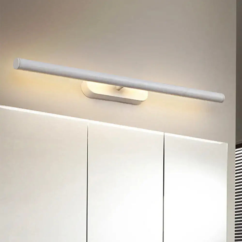 Modern black and white led wall vanity light with sleek white cylindrical design mounted above mirrored cabinets for bathroom use