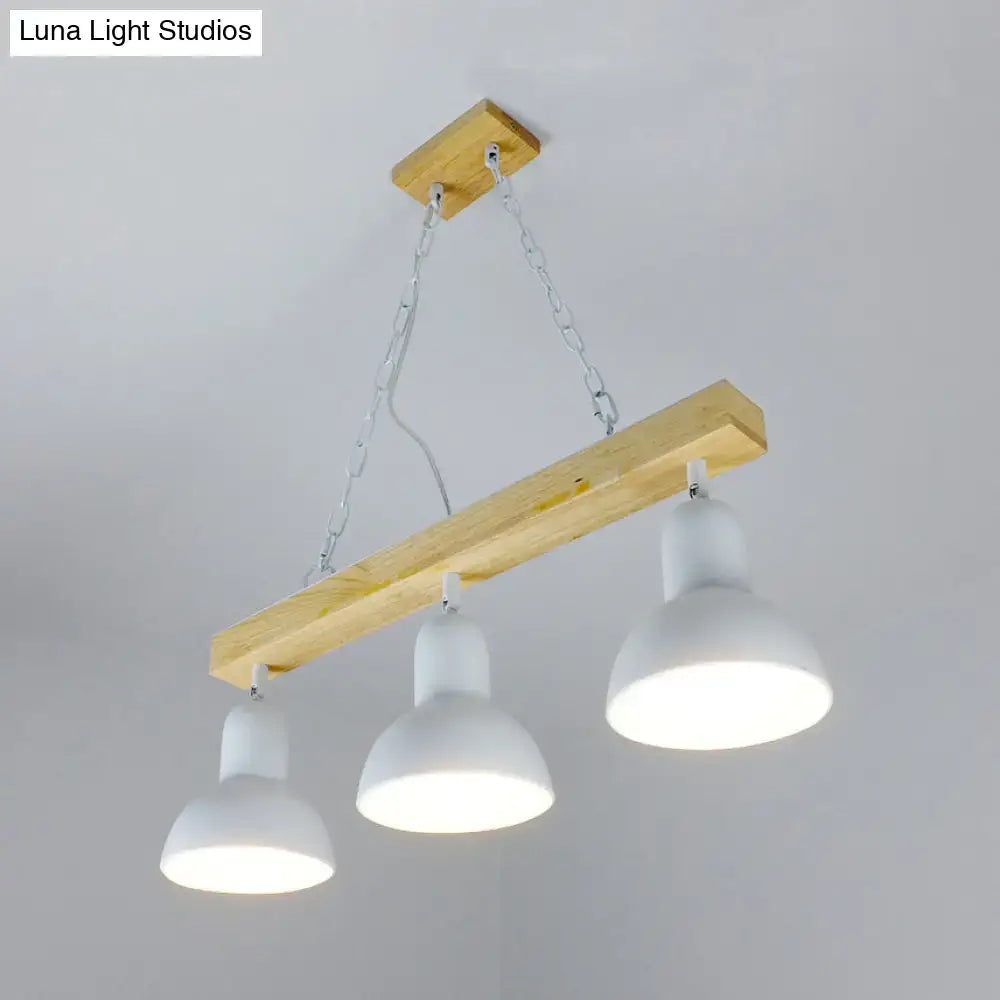 Decorbites modern dome island lighting with rustic wooden beam and three white metal black white pendant lampshades