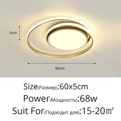 Modern black and white minimalist ceiling light with gold-toned double rings and warm glowing decorbites led ceiling illumination