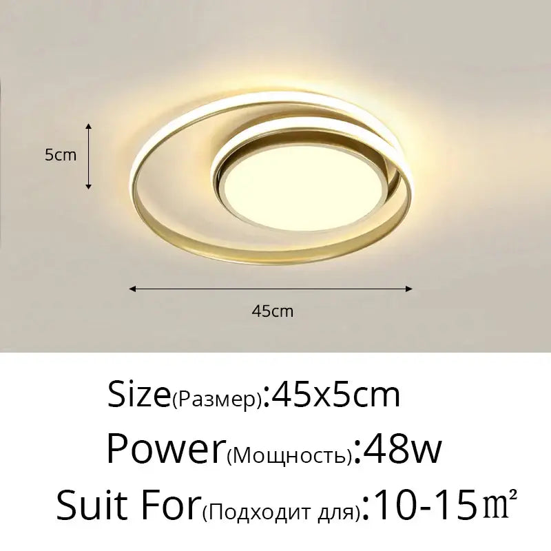 Modern black and white minimalist ceiling light with gold-finished double-ring and warm diffused glow decorbites led ceiling