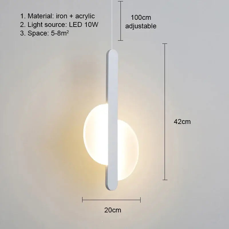 Modern black and white minimalist pendant light with white iron and acrylic design featuring adjustable led bulbs light source