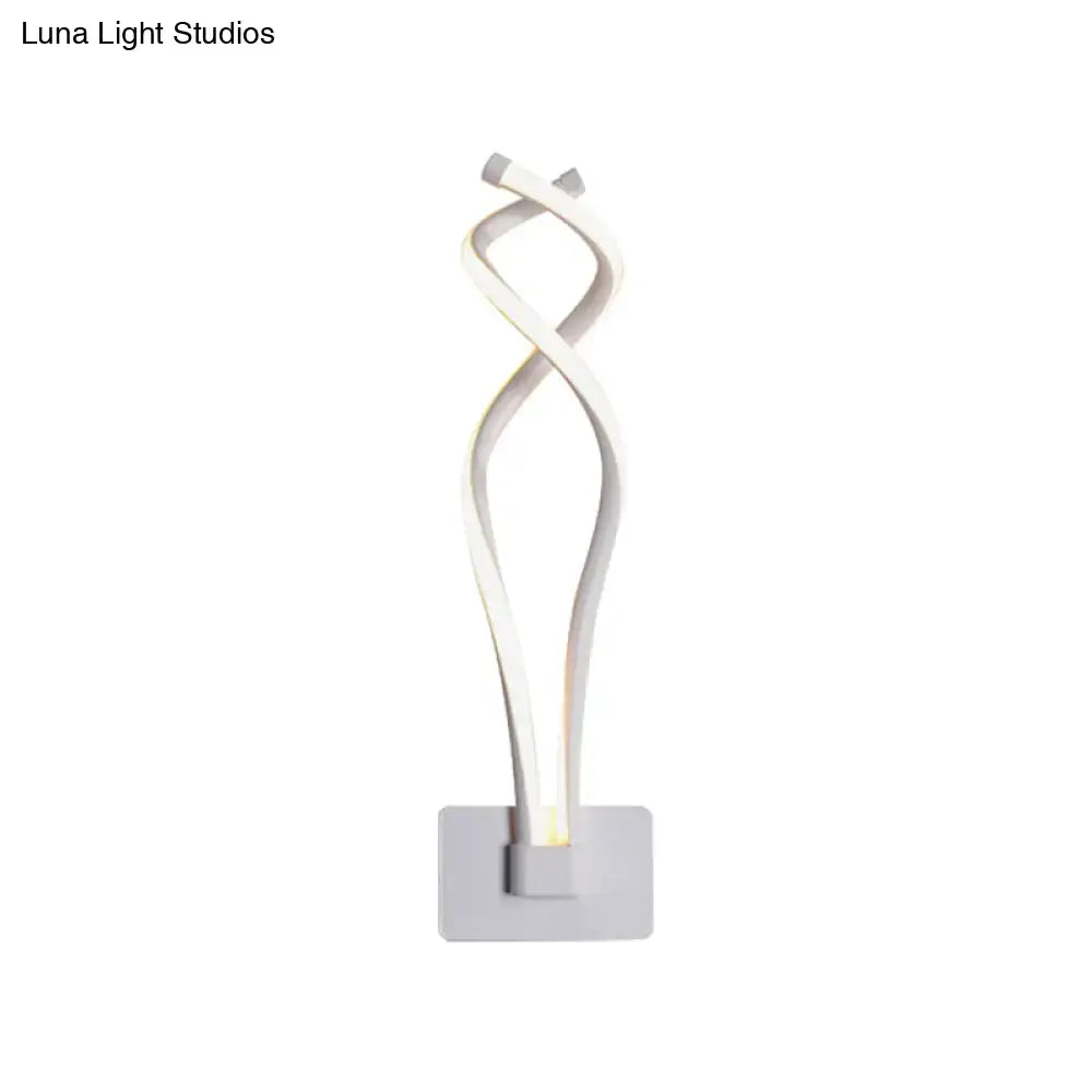 Modern black white wall lamp featuring a twisted white acrylic shade and minimalist gray base with musical note design