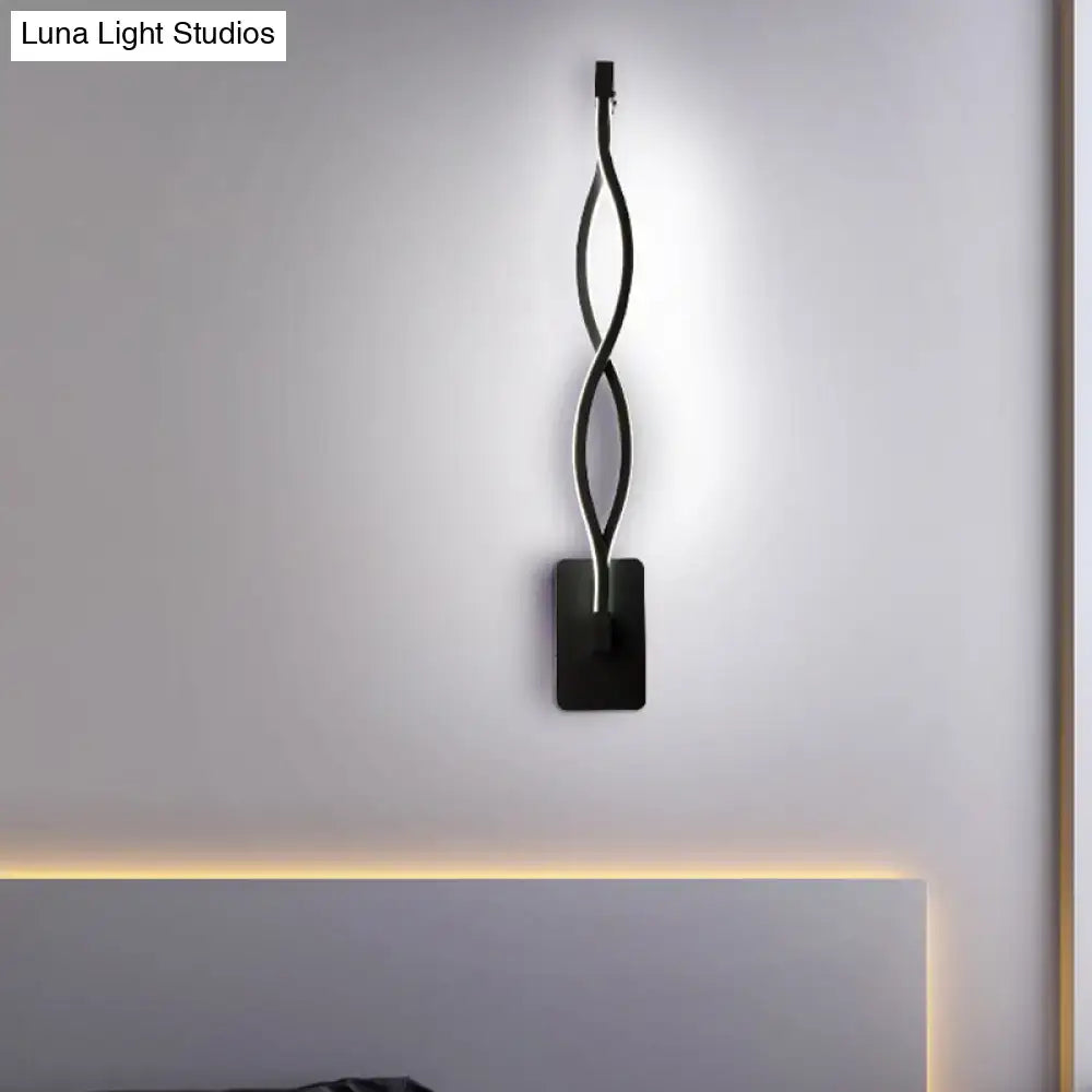 Modern black twisted led wall lamp with acrylic shade featuring a musical note design for bedroom lighting