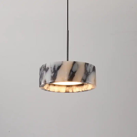 Modern black and white natural stone pendant light with marble pattern and adjustable hanging wire for dining room use