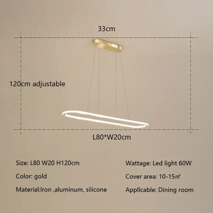 Gold-colored oval led chandelier pendant light with sleek modern design made of iron aluminum and silicone for dining room