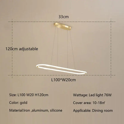 Gold-colored oval led chandelier pendant light with sleek modern design made of iron aluminum and silicone for dining room