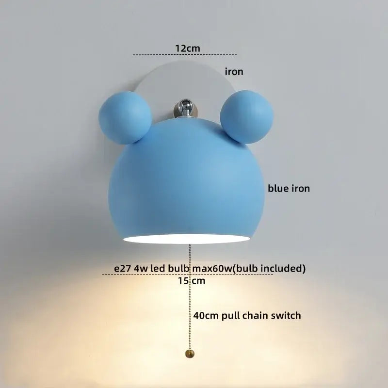 Blue iron led wall lamp with rounded bear-like design and two spherical ears for modern bathroom mirror lighting