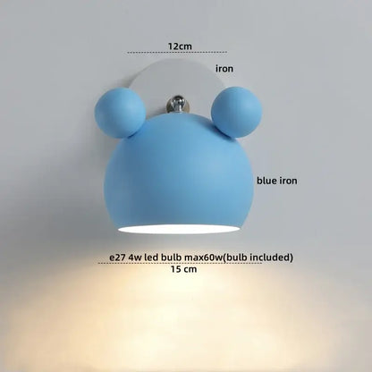 Blue iron led wall lamp with rounded bear-like design and two spherical ears for modern bathroom mirror lighting