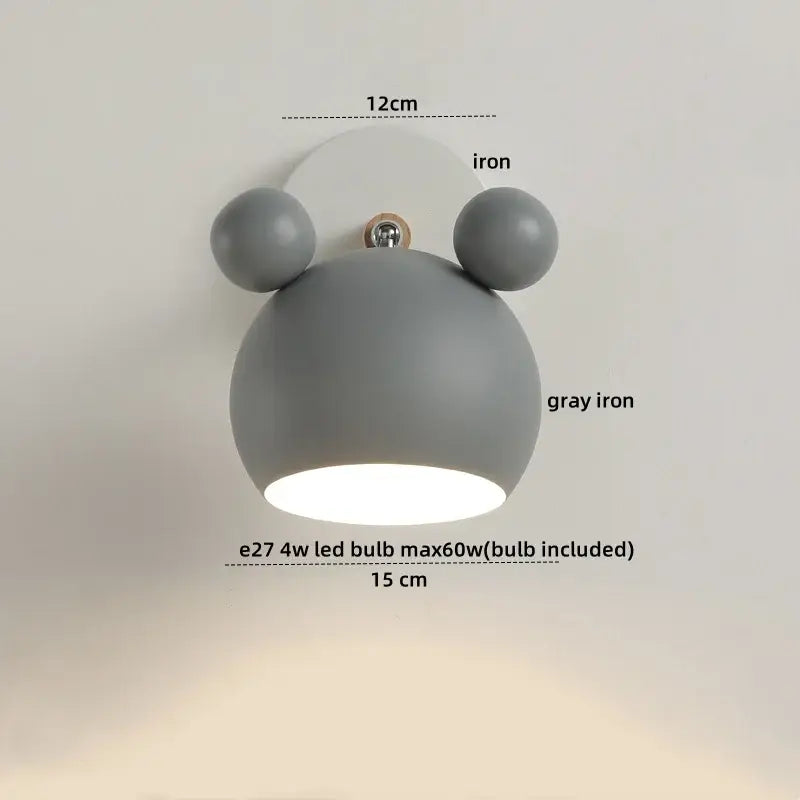 Modern black and white panda led wall lamp in gray iron with rounded bear-like design and two spherical ears for bathroom mirror lighting