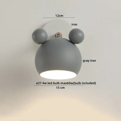 Modern black and white panda led wall lamp in gray iron with rounded bear-like design and two spherical ears for bathroom mirror lighting