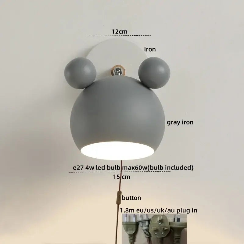 Modern black and white panda led wall lamp in gray iron with rounded bear-like design and two spherical ears