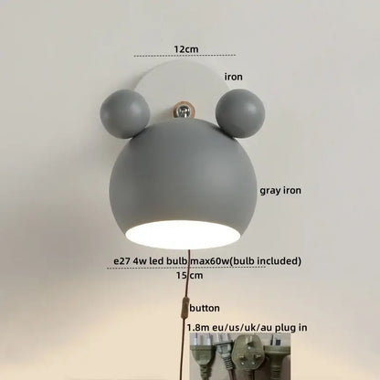Modern black and white panda led wall lamp in gray iron with rounded bear-like design and two spherical ears