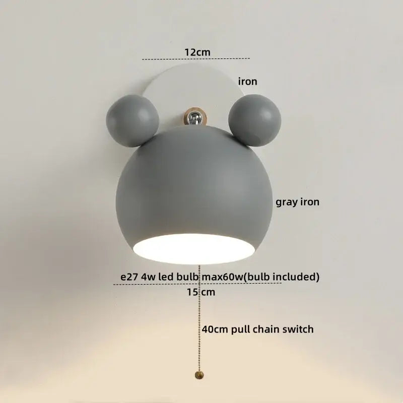 Modern black and white panda led wall lamp with gray iron bear-like design and integrated pull chain switch for bathroom mirror lighting