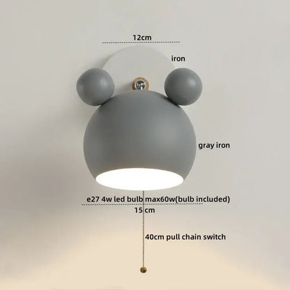 Modern black and white panda led wall lamp with gray iron bear-like design and integrated pull chain switch for bathroom mirror lighting