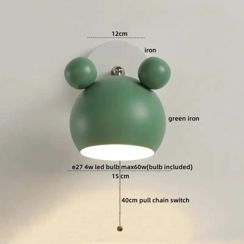 Modern black and white panda led wall lamp featuring a green iron rounded design with two spherical ears and pull chain switch