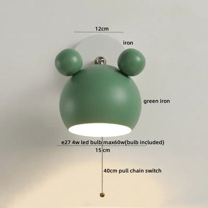 Modern black and white panda led wall lamp featuring a green iron rounded design with two spherical ears and pull chain switch