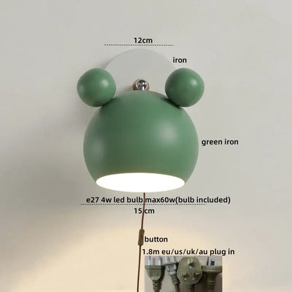 Modern black and white panda led wall lamp with green iron rounded bear-like design and two spherical ears for bathroom mirror light