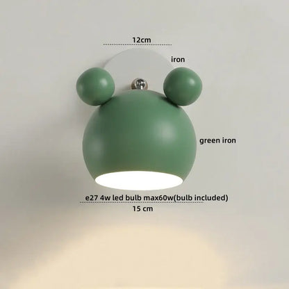 Modern black and white panda led wall lamp with green iron wall sconce featuring rounded cartoonish design and spherical ears