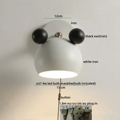Modern black and white panda led wall lamp with white iron body and black ear accents for bathroom mirror lighting
