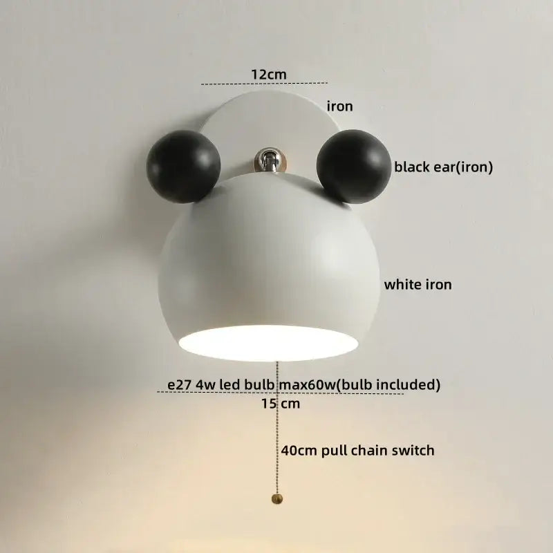 Modern black and white panda led wall lamp with white iron body, black iron ears, and pull chain switch for bathroom mirror lighting
