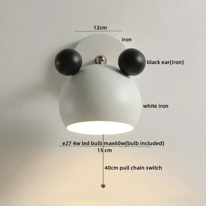 Modern black and white panda led wall lamp with white iron body, black iron ears, and pull chain switch for bathroom mirror lighting