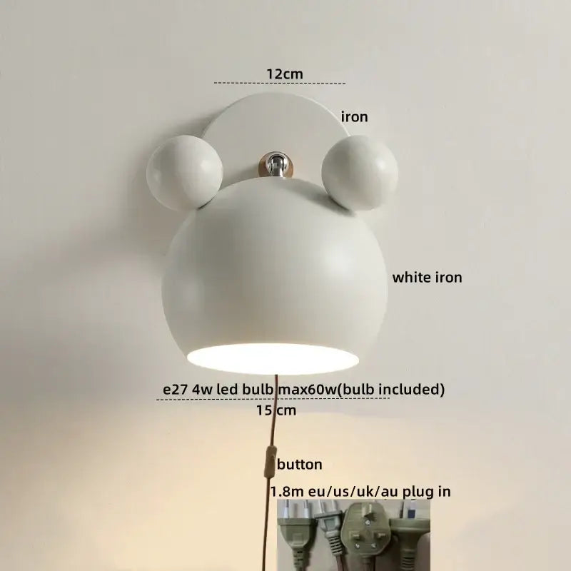 White iron led wall lamp with rounded panda design and two spherical ears for modern bathroom mirror light