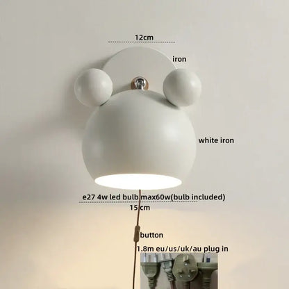 White iron led wall lamp with rounded panda design and two spherical ears for modern bathroom mirror light