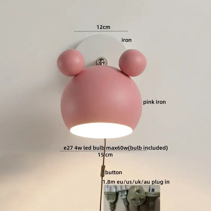 Pink iron wall lamp with rounded bear-like design and spherical ears modern led wall lamp for bathroom mirror lighting