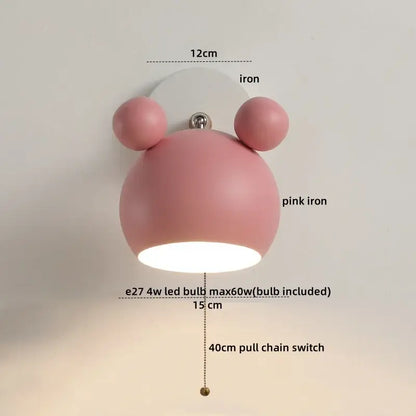 Modern black and white panda led wall lamp with pink iron rounded head and two spherical ears with 40cm pull chain switch