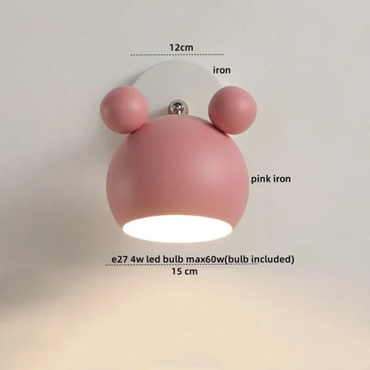 Modern black and white panda led wall lamp featuring a pink iron wall lamp with rounded bear-like ears and matte finish