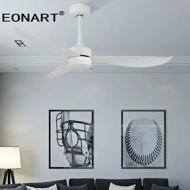 White eonart ceiling fan with sleek plastic blades and remote control for modern bedroom use