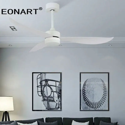 White eonart ceiling fan with sleek plastic blades and remote control for modern bedroom use