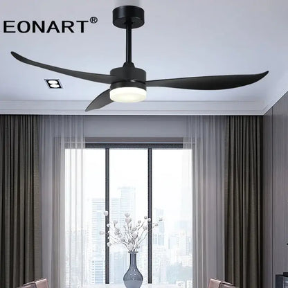 Modern black ceiling fan with sleek plastic blades and integrated lighting featuring remote control for bedroom use