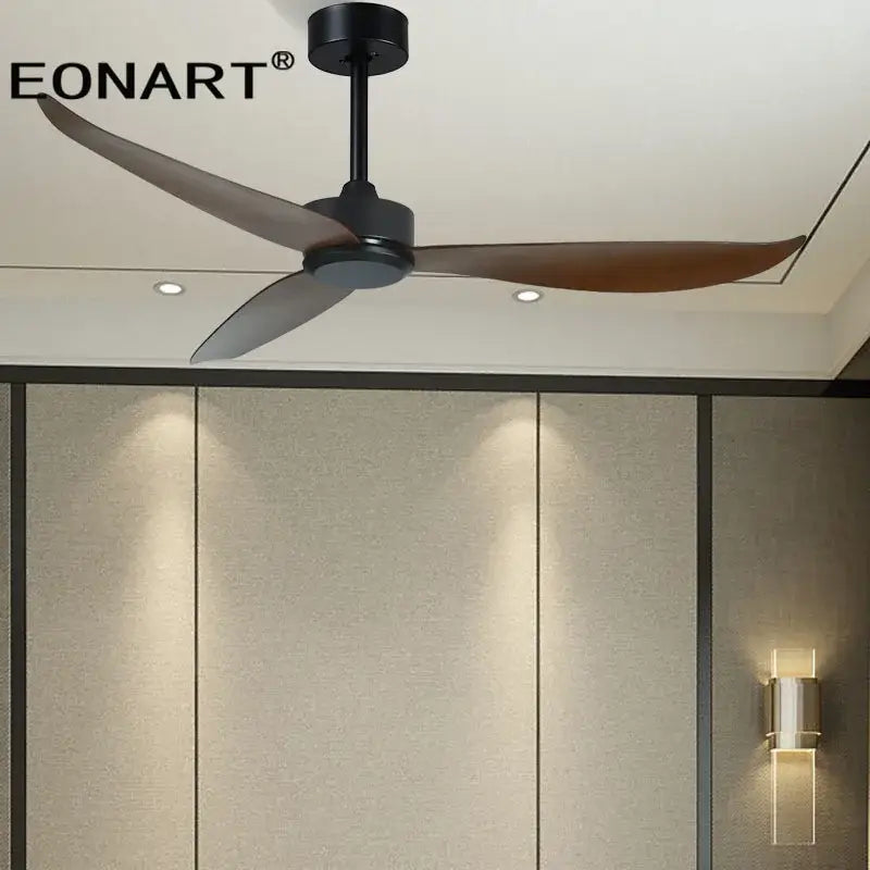 Modern black ceiling fan with remote control featuring three gradient brown plastic blades for bedroom use